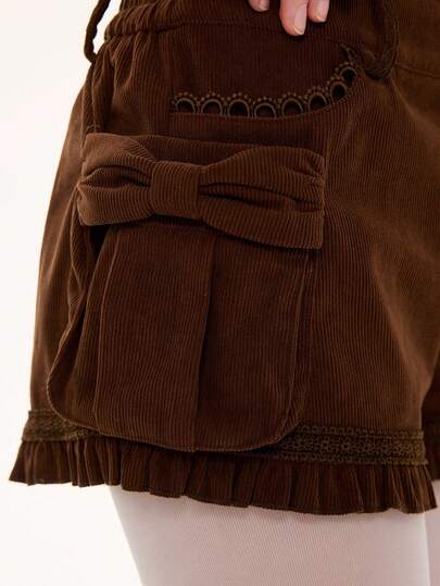 Kawaii Shorts en velours côtelé à taille basse avec décoration de nœud en dentelle vintage patchwork 3D pour femmes