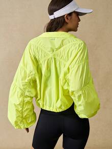 VARSIVA Fluorescent Yellow Casual Pleated Zipper Drawstring Hem Windproof Sports Jacket. - Green - View 5