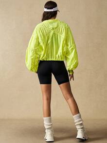 VARSIVA Fluorescent Yellow Casual Pleated Zipper Drawstring Hem Windproof Sports Jacket. - Green - View 6