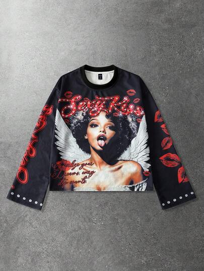 Street Life Camiseta de manga larga de cuello redondo con estampado y corte holgado para hombre