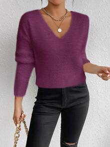 EMERY ROSE White V-Neck Casual Soft & Cozy Sweater, Long Sleeve Pullover Top, Autumn/Winter - Red Violet - View 1