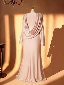 Rometta Plus Size Women Elegant Round Neck Banquet Draping Shoulder Formal Gown, Ruched Design Fitted Mermaid Dress - Pink - View 2