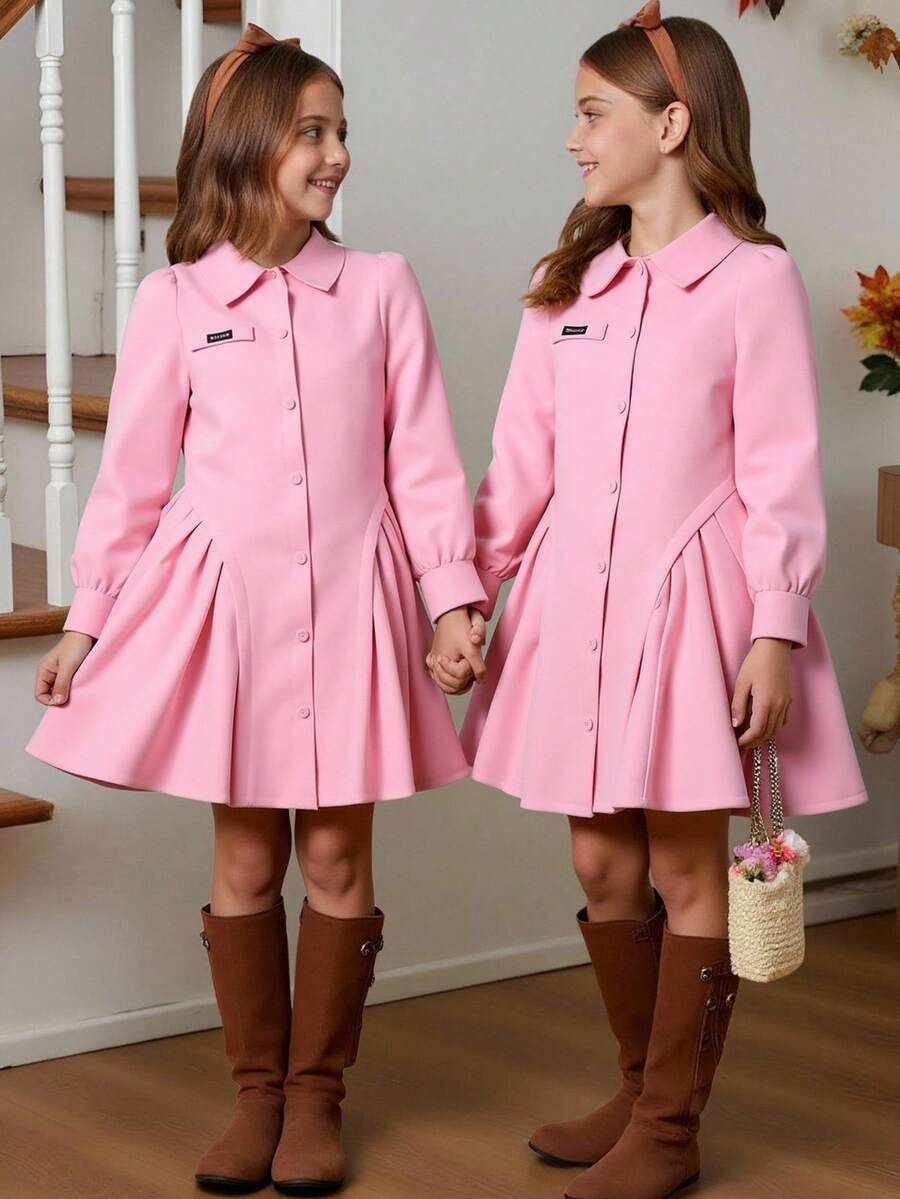 Abito camicia casual con maniche a sbuffo e orlo plissettato per ragazze giovani - Rosa - Visualizzare 1