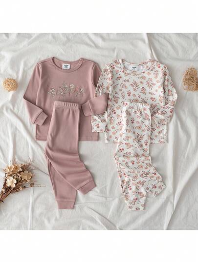 Loomiva 4pcs Baby Girl Floral Print Soft Knit Snug Fit Pajama Set, Round Neck Long Sleeve Top And Elastic Waist Leggings Pajama Baby Set Baby Pj Set