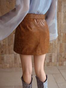MOTF PREMIUM Falda sólida de piel sintética sin cinturón - Caqui - Ver 4