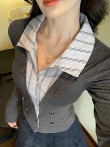 DAZY Women's Striped Shirt Splicing Deep V-Neck Fitted Long Sleeve T-Shirt, Casual School Style Top - Grey - View 5