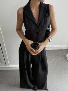 DAZY Women's Striped Open Front Casual City Sleeveless Blazer, Summer Business Attire - Black - View 6