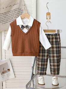 Souflis Souflis 3pcs Baby Boy Textured V-Neck Sweater Vest Set With Long Sleeve Shirt And Red Plaid Pants, Elegant Outfit Suitable For Christmas, Halloween, Parties And Other Autumn/Winter Occasions Baby Boys Holiday Wedding Dress Gentleman Outfit Toddler Brown Baby Boy Outfit Long Sleeve Shirt Top Vest Bib Pants Bow Tie Toddler