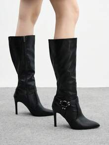CUCCOO BIZCHIC Botas Pretas Altas até o Joelho de Fivela de Alta Qualidade para Outono/Inverno, Botas Femininas Elegantes de Bico Fino e Salto Fino, Botas Longas Versáteis e da Moda de Novo Estilo, Exibindo Charme Feminino e Elegância - Preto - Visão 1