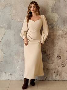 Roveilla 大码女士优雅黄色方领泡泡袖收腰连衣裙，春秋季 - 卡其色 - 查看 7