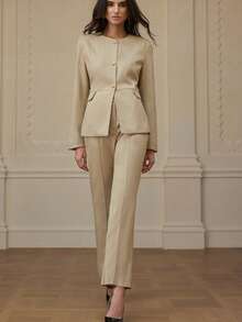 Revavyn 两件套：时尚翻领装饰通勤西装外套和休闲裤 - 卡其色 - 查看 4