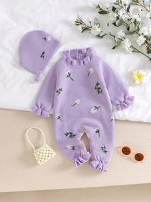 SHEIN Vintaside Kids 两件套婴儿米色套装：花卉刺绣毛衣连体衣+帽子，时尚可爱 - 淺灰紫 - 查看 3