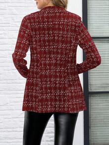 SHEIN Clasi 女式日常格纹修身单扣西装外套 - 酒紅色 - 查看 2