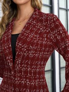 SHEIN Clasi 女式日常格纹修身单扣西装外套 - 酒紅色 - 查看 7