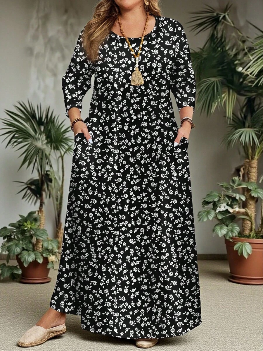 Mellowie Abito a maniche lunghe con scollo tondo e stampa floreale ditsy, adatto per autunno/inverno, vacanze e regalo per insegnanti, taglie comode - Multicolore - Visualizzare 1