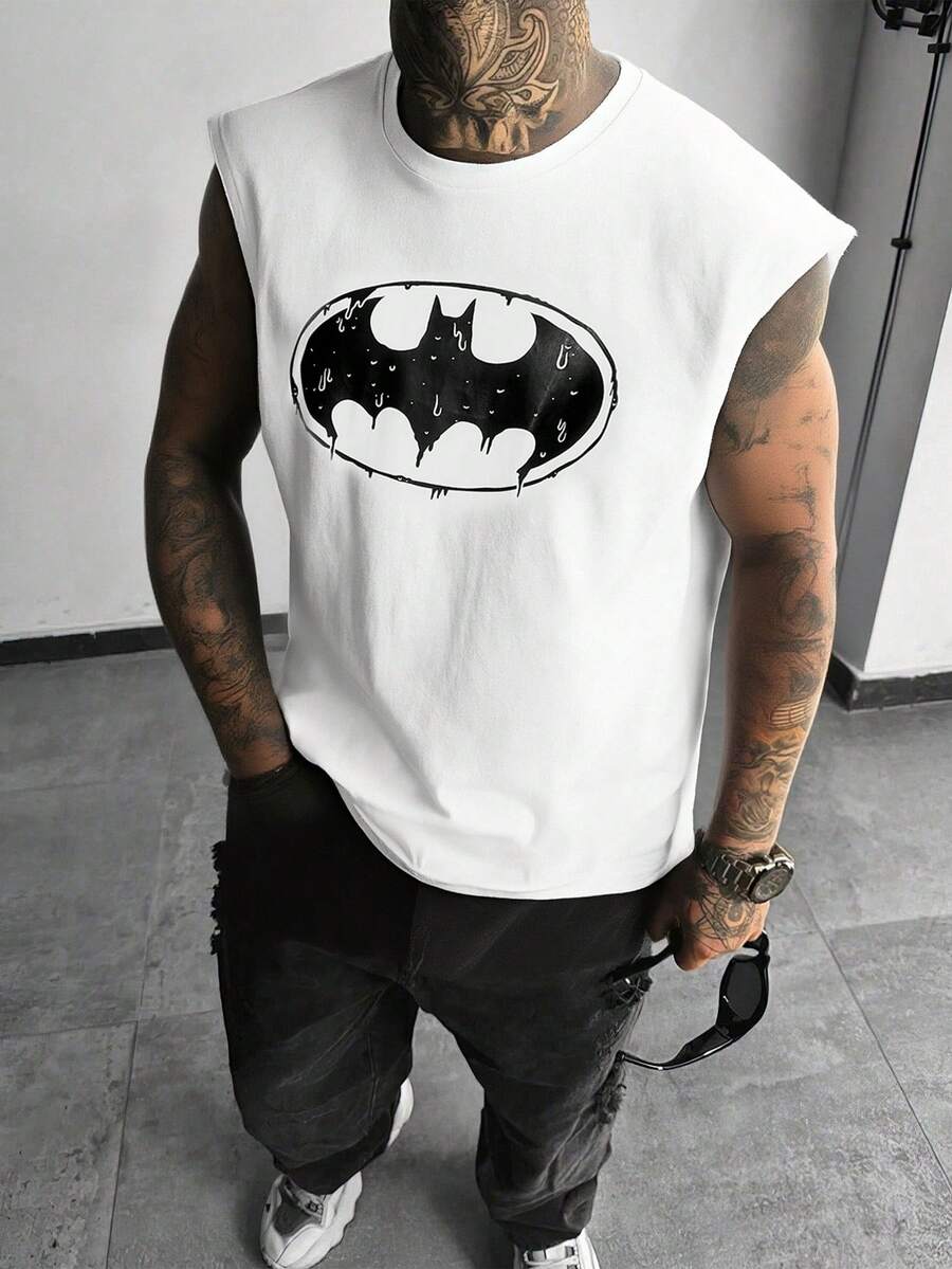 BATMAN X SHEIN Men Casual Bat Printed Tank Top For Summer, 2000s Style - White - View 1