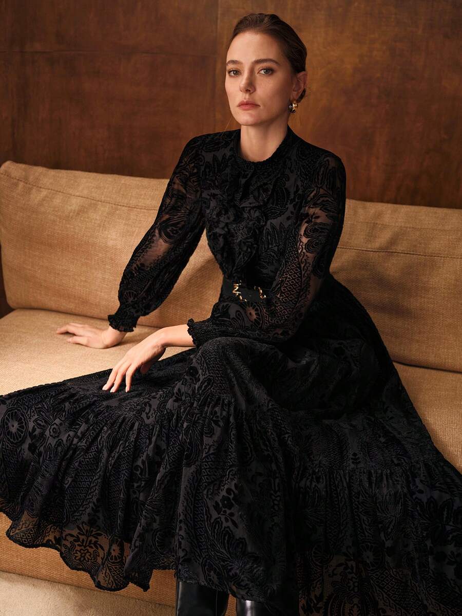 MOTF PREMIUM FLOCKING NOTCHED V NECK RUFFLE HEM DRESS