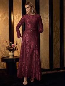 MOTF PREMIUM ELEGANT EMBROIDERED MESH LONG DRESS - Rose Red - View 6