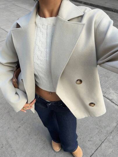 EMERY ROSE Plus Size Women Solid Color Lapel NeckLong Sleeve Casual Woolen Coat, Autumn/Winter