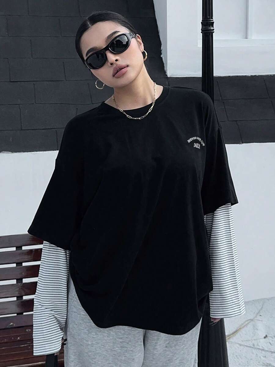 Dazy Plus Áo thun nữ cổ tròn in chữ chắp vá màu sắc thời trang dạo phố rộng rãi, cỡ lớn, mùa xuân/thu - màu đen - Xem 1
