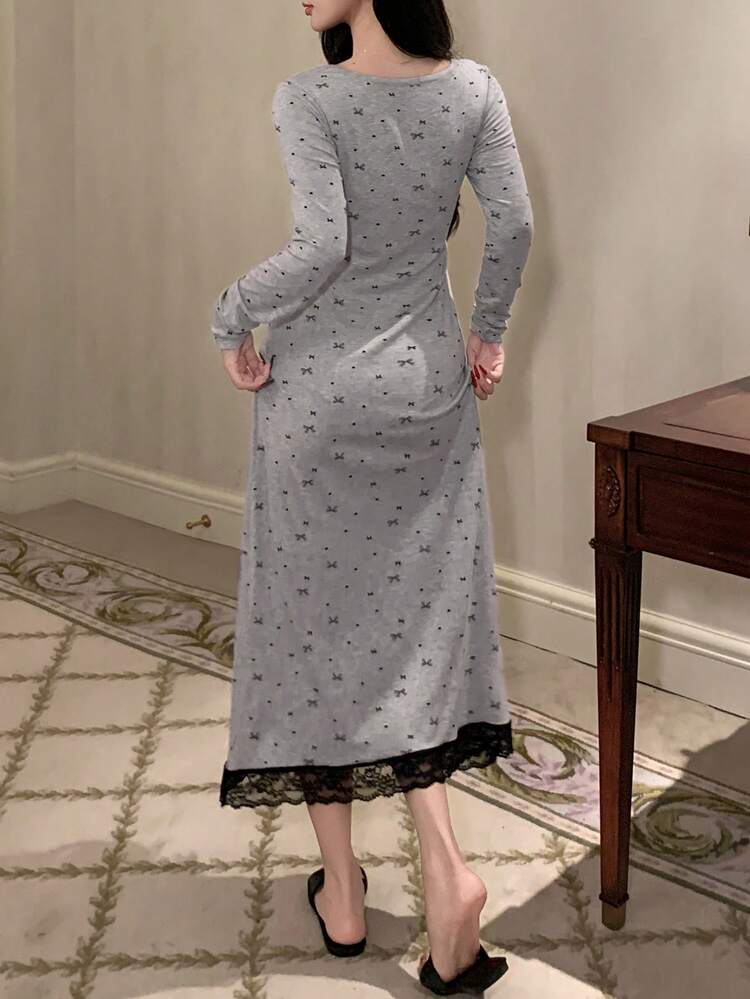Women's Long Nightgown With Bow Pattern, Colorblock Lace Patchwork, Waist Cinched, Autumn/Winter