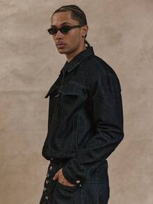 Musero 男士飞行员夹克，原色牛仔风格，翻盖口袋拉链设计，春夏款 - 深色水洗藍 - 查看 3