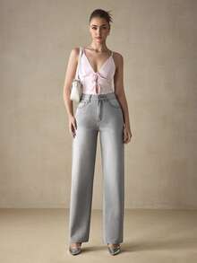 EMERY ROSE Jeans de pierna recta, de unicolor, de ajuste ceñido, sin estiramiento, con bolsillo, de uso casual y versátil - Gris Claro - Ver 7