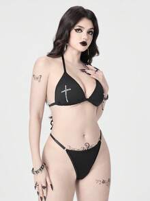 ROMWE Goth 哥特朋克十字方格胸罩和丁字裤内衣套装 - 黑色 - 查看 6