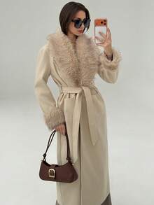 Aloruh Damen eleganter Mantel mit Kunstfellbesatz an Ärmeln und Kragen, Herbst/Winter - Khaki - Übersicht 5