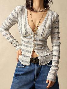 Bohemela 女士休闲蕾丝V领长袖毛衣，适合冬季、圣诞节、音乐节、新年等场合穿着 - 杏色 - 查看 6