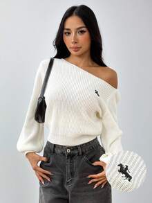 SHEIN PETITE Suéter de mujer con hombros en diagonal y costillas, manga larga, suéter con hombros descubiertos - Beis - Ver 1