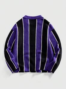 ROMWE MEN Prep 男士复古足球风翻领针织衫，街头潮流风格 - 黑色 - 查看 2