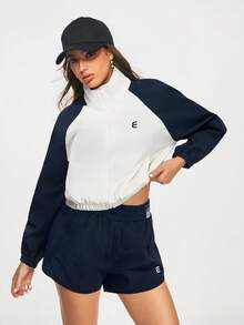 Eassivo Eassivo Women's White And Navy Blue Color Block Zip Up Jacket,Lightweight Windbreaker, Long Sleeve Raglan Athletic, Casual Fitness Running Sportswear, Cropped Windbreaker, Cropped Workout Jacket, Sporty Women,Tennis Jacket - Multicolor - View 2