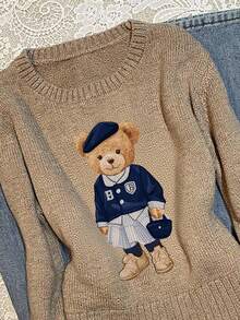 SHEIN EZwear Plus Size Women's Casual Brown Bear Graphic Sweater, Khaki Color Is Very Flattering! Suitable For Fall/Winter