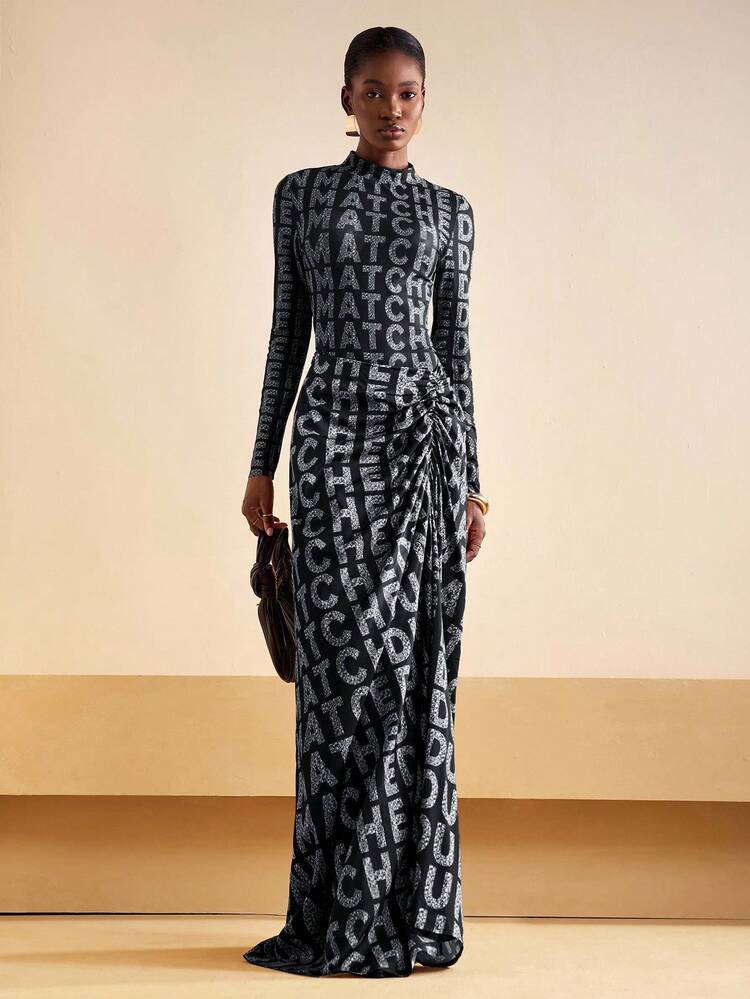 Zivah 2025 Autumn New Arrival Basic Casual Bodysuit With Long Sleeve Tight Mesh Print And Matching Long Pleated Skirt Set, Brown Base With Silver White Letter Print, Suitable For Birthday Party, Banquet, Back To School, Daily Wear, Cruise Travel, Elegant, Commuting, Business Casual,Fall,Fall Clothes For Women,Women's Winter Clothes - Black and White - View 5