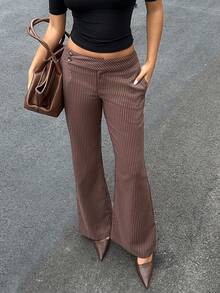 Sunnyshic Quần ống loe cạp thấp kẻ sọc màu nâu dành cho nữ, đa năng, phù hợp cho công sở, thời trang thường ngày và đi làm. - Cà phê nâu - Xem 4