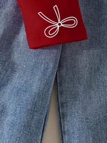 SHEIN Playful Pals Girls Casual Cute Round Neck Raglan Sleeve Loose Cropped Butterfly Print T-Shirt And Elastic Waist Straight Loose Jeans Pants With 3D Bow Design, Back To School Outfit, All Season - Burgundy - View 6