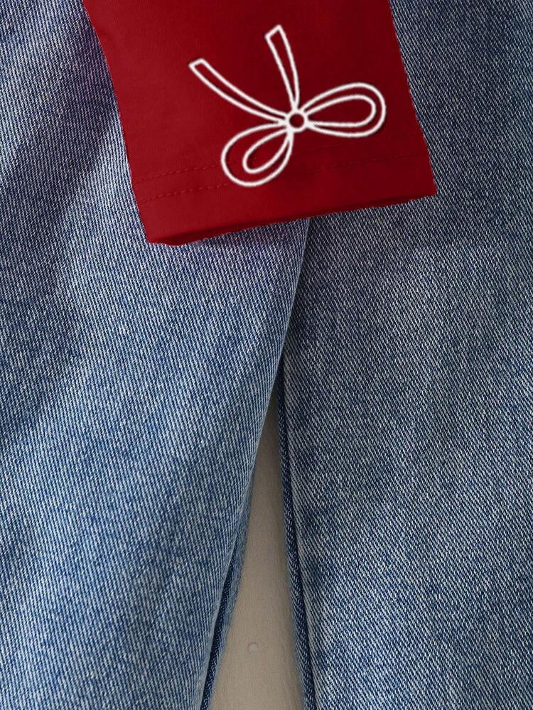 SHEIN Playful Pals Girls Casual Cute Round Neck Raglan Sleeve Loose Cropped Butterfly Print T-Shirt And Elastic Waist Straight Loose Jeans Pants With 3D Bow Design, Back To School Outfit, All Season - Burgundy - View 6