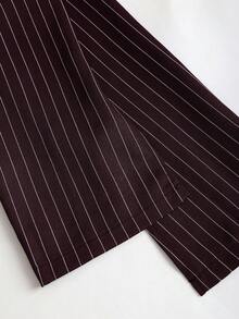 Sweetra 初秋新款韩版套装，棕色条纹设计，V领，收腰，修身时尚女装套装 - 棕色 - 查看 3