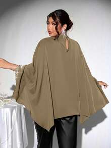 Firerie 中式立领斗篷式宽松蝙蝠袖衬衫，珍珠亮片装饰，优雅大码女式衬衫，适合情人节、音乐会、演出、约会、正式场合、通勤、返校、浪漫、办公室穿着、美人鱼风格、生日派对 - 卡其色 - 查看 3