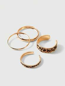 ROMWE Grunge Punk 2 Pcs Leopard Print PU Leather Cuff Bangles & 2 Pcs Minimalist Metal Cuff Bracelets , Stacked Bangle Bracelets Set For Women - Multicolor - View 1