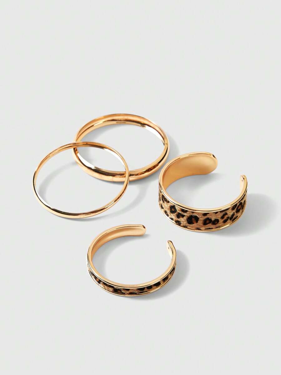 ROMWE Grunge Punk 2 Pcs Leopard Print PU Leather Cuff Bangles & 2 Pcs Minimalist Metal Cuff Bracelets , Stacked Bangle Bracelets Set For Women - Multicolor - View 1