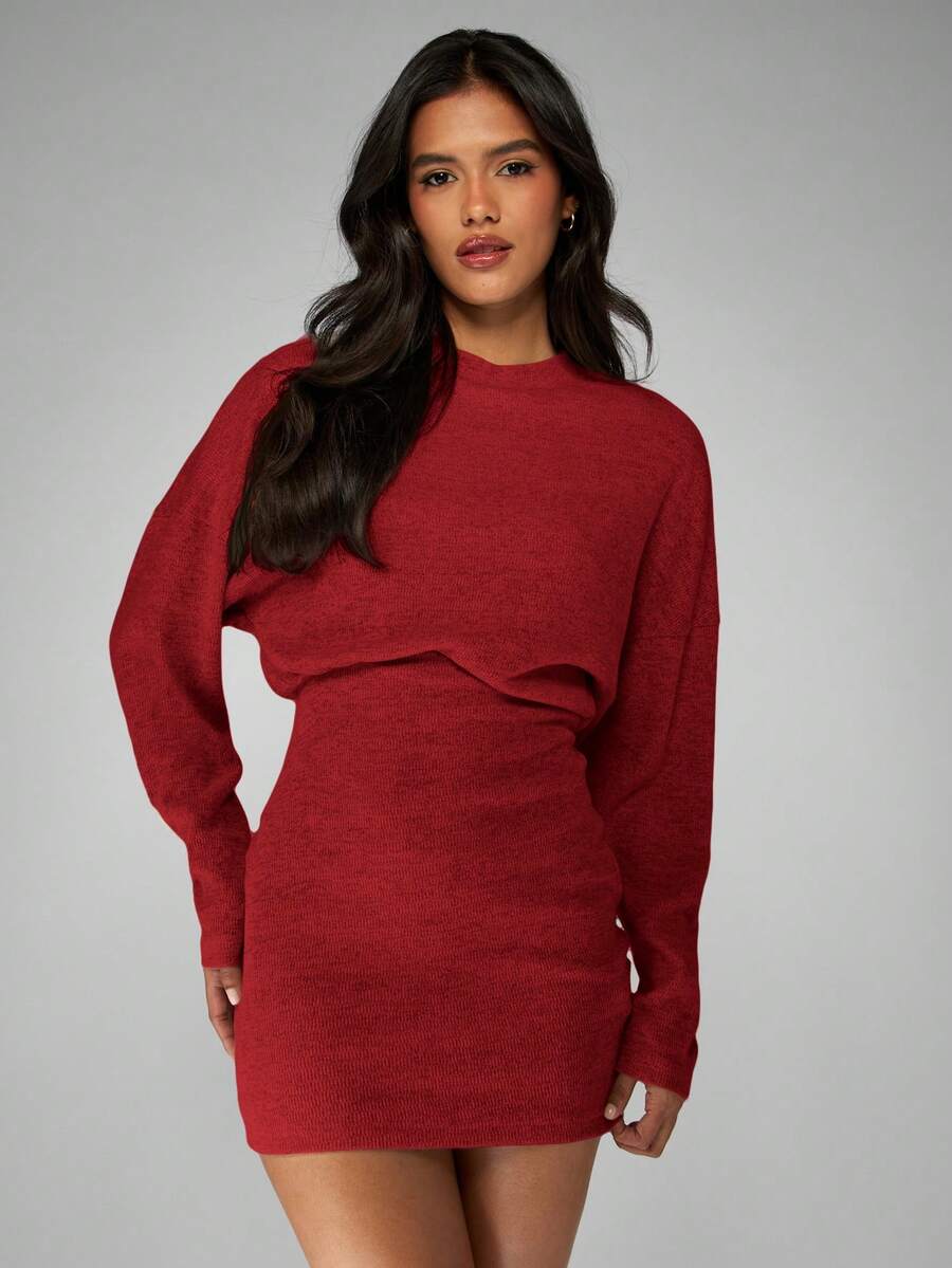 MISSGUIDED Robe pull côtelée à manches longues, moulante, pour l'automne et l'hiver. Robe pull décontractée pour Noël - Rouge foncé - Voir 1