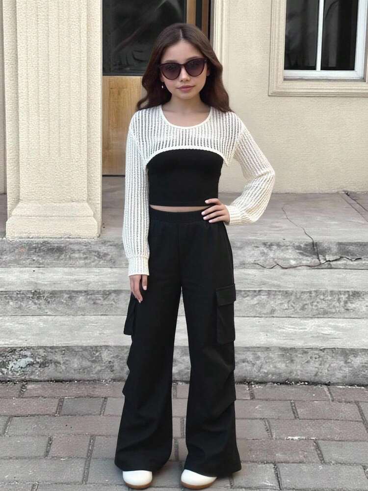 SHEIN 青少年女孩 3 件套，黑色杏色，休闲百搭，街头风格，亲子搭配，返校日，纯色镂空上衣，吊带背心和休闲裤套装 - 黑色 - 查看 16