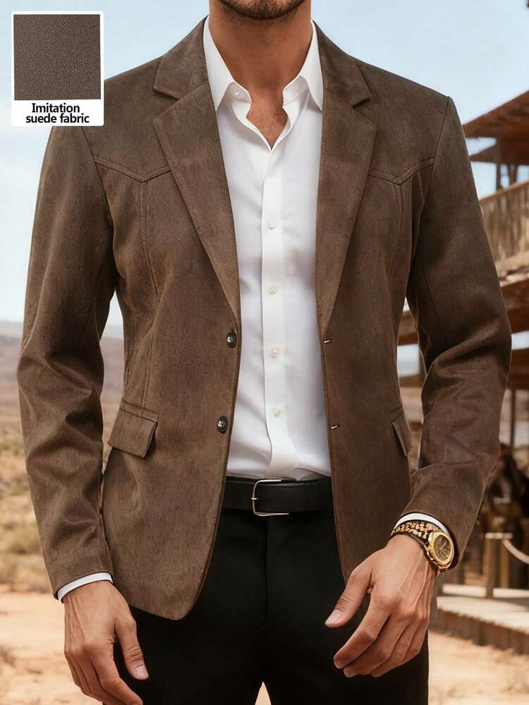 Manfinity Nomadique Men's Suedette Collar Casual Suit Blazer, Autumn/Winter Brown Suit Blazer Sports Coat Men Blazer Suit Blazers Brown Blazer Men Dressed Wear Brown Wedding Blazer For Men Blazer Casual Suedette Blazer Men, Brown Blazer For Men Old Money Daily Leisure, Weekend Trips, Outdoor Activities, Travel Expeditions, Relaxed Work Environments Or Semi-Formal Occasions,Boyfriend/Husband Gift, Anniversary Gift Christmas For Ceremony - Brown - View 1