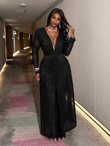 Slaydiva 2025春夏新款加大码音乐节、复活节、圣诞节、生日派对、毕业季、学院风、学生装、日常休闲、百搭基础款、休闲、邮轮旅行、海滩、日光浴、爆款、街头风、婚礼宾客波西米亚风、通勤、早午餐、机场、Y2K、乡村复古、假日新年情人节优雅浪漫性感派对长袖网纱拼接透视低领荷叶边长裙 - 黑色 - 黑色 - 查看 14