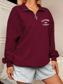 SHEIN EZwear 休闲简约加州字母印花宽松半拉链高领轻薄女式卫衣，适合秋冬季节穿着，红色图案，新年派对必备 - 中紫紅色 - 查看 4