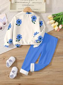 SHEIN Leap Crew 2pcs/Set Tween Girls Casual Vintage Floral Print Crew Neck Long Sleeve Sweatshirt And Leggings Set, Suitable For Autumn/Winter - Multicolor - View 4