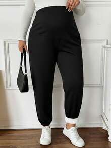 SHEIN 大码孕妇纯色休闲保暖裤 - 黑色 - 查看 3