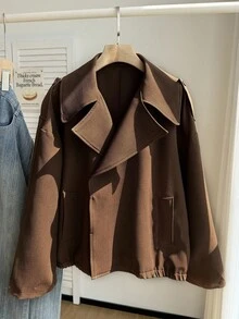 LYSMO Plus Size Brown Herringbone Plus Size Short Windbreaker, Autumn/Winter - Brown - View 9